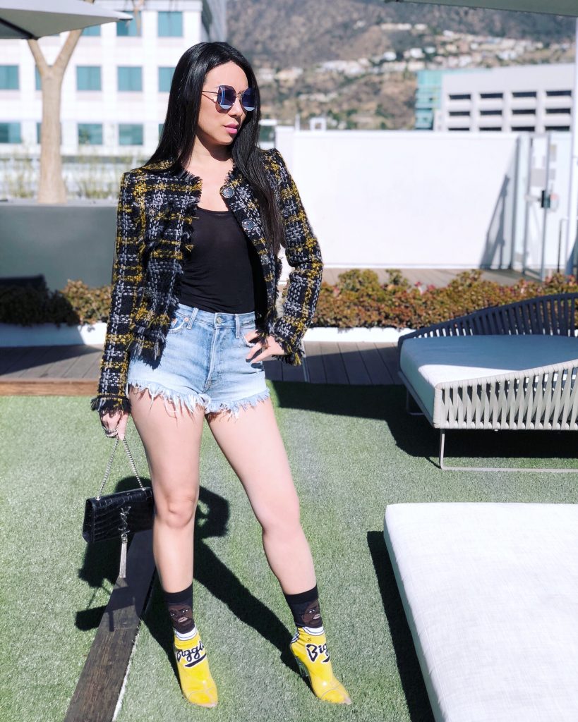 Jenn Kim Bonjour Jenn Stance Biggie Socks with Yeezy Clear Heels YSL Bag Erdem H&M Jacket