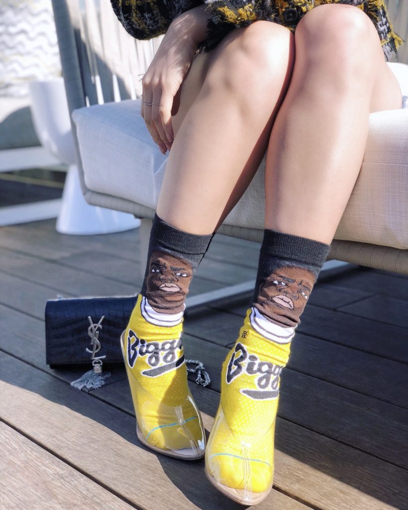IMG_98Jenn Kim Bonjour Jenn Stance Biggie Socks with Yeezy Clear Heels YSL Bag Erdem H&M Jacket Close Up